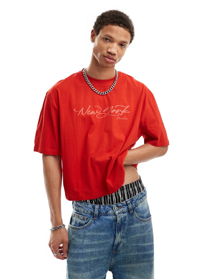 ASOS DESIGN oversized cropped t-shirt in red with New York print