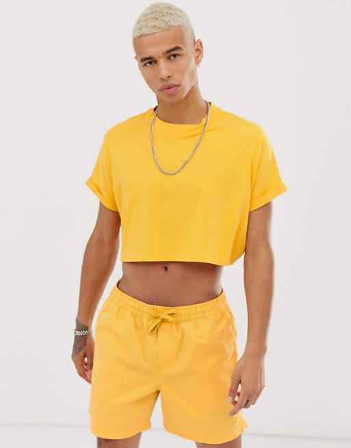 Asos Design Oversized Cropped T Shirt With Roll Sleeve In Yellow Asos 1403