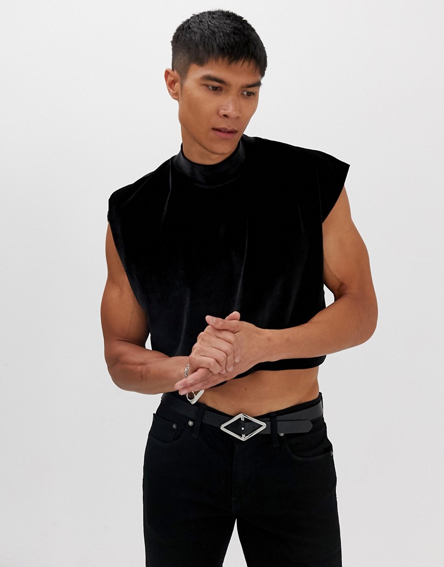 ASOS DESIGN - Oversized cropped T-shirt zonder mouwen in zwart velours