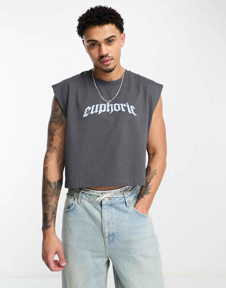 ASOS DESIGN oversized cropped tank top in gray with chrome chest print