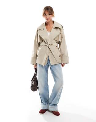 Asos Design Oversized Cropped Trench Coat With Belt In Stone-neutral