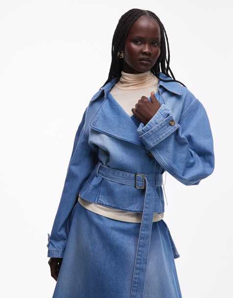ASOS DESIGN oversized cropped trench denim jacket in mid blue - view 1