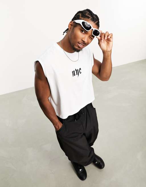 ASOS DESIGN oversized cropped vest in white with NYC chest print