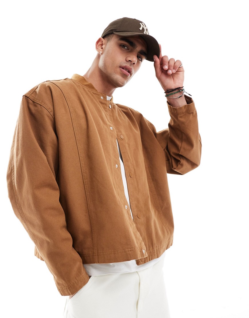 Asos Design Oversized Cropped Washed Coach Jacket In Tan-copper