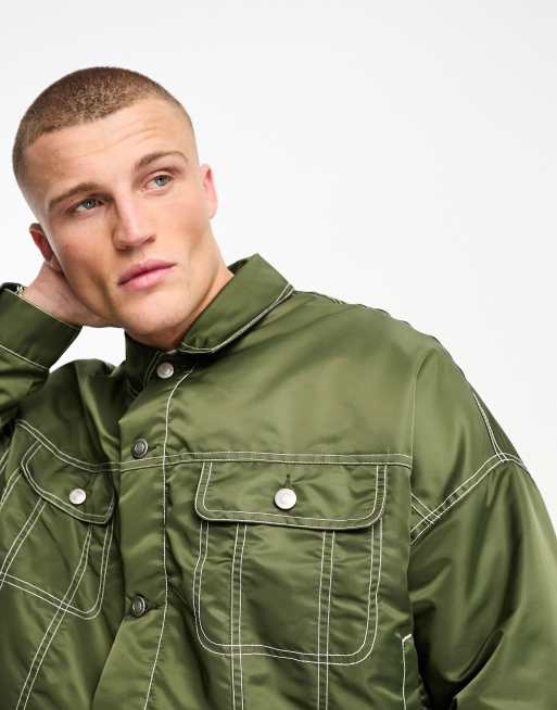ASOS DESIGN oversized cropped western jacket with contrasted stitch detail in green, 4 of 4