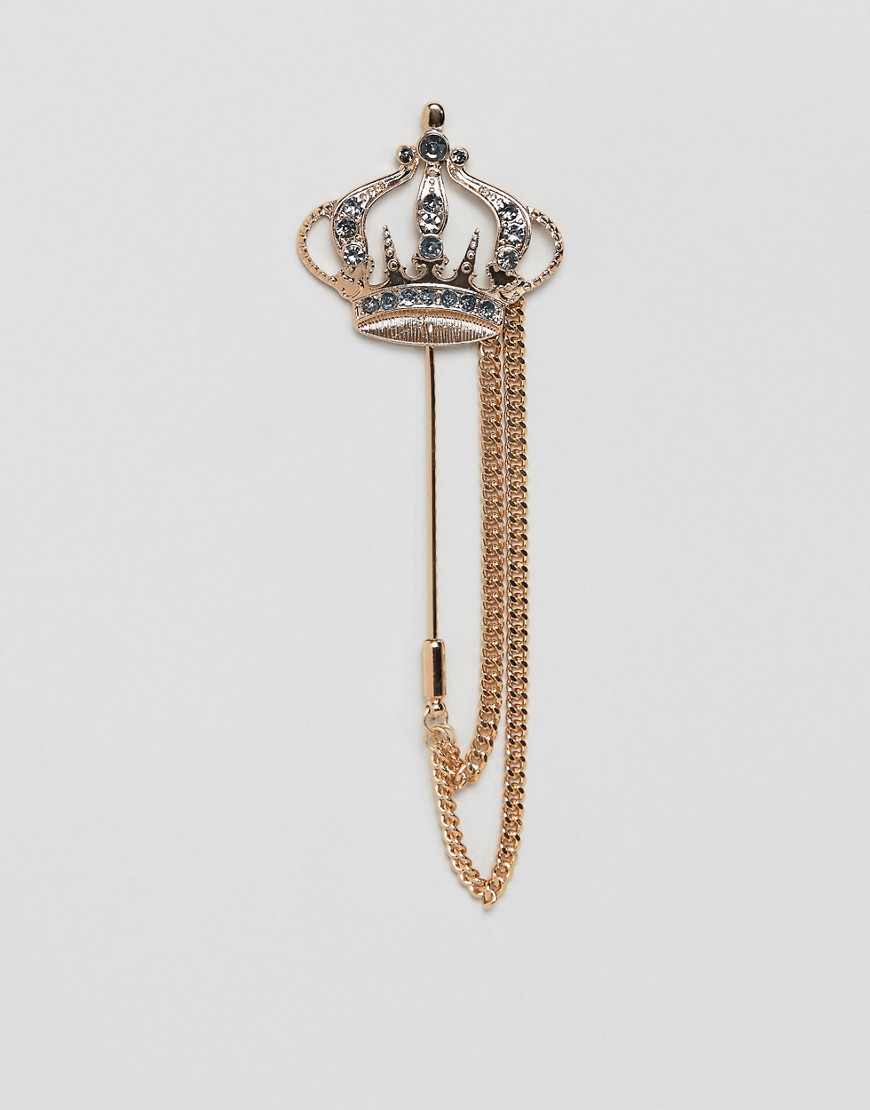 ASOS DESIGN oversized crown lapel pin with crystals in gold tone