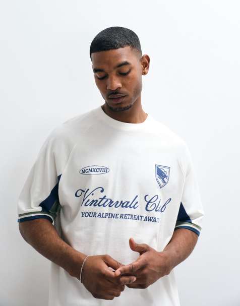 ASOS DESIGN oversized cut and sew t-shirt with football graphic in cream - view 1