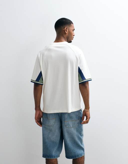 ASOS DESIGN oversized cut and sew t-shirt with football graphic in cream, 3 of 5
