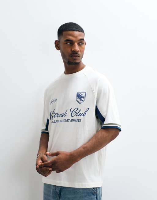ASOS DESIGN oversized cut and sew t-shirt with football graphic in cream, 5 of 5