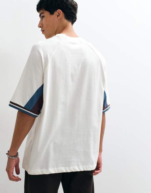 ASOS DESIGN oversized cut-and-sew t-shirt with football placement in cream, 4 of 5