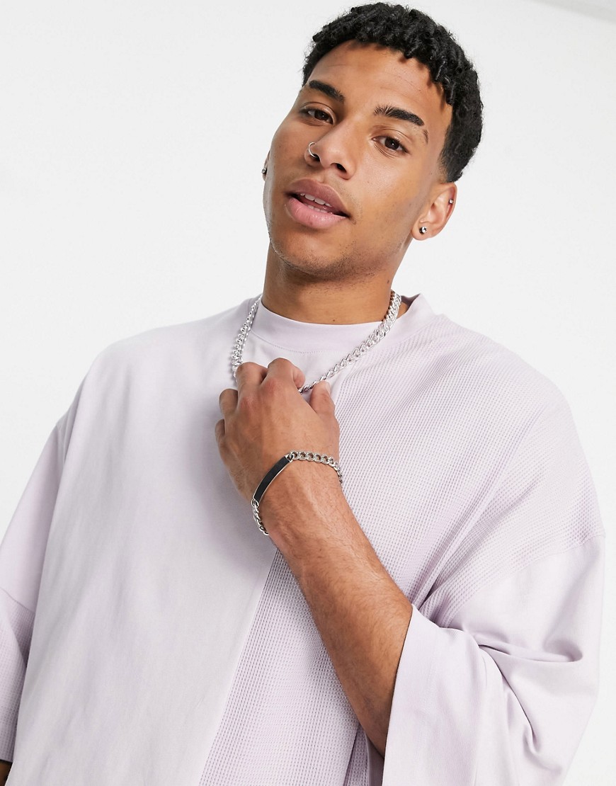 ASOS DESIGN oversized cut and sew waffle t-shirt with half sleeve in lilac-Purple