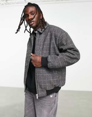 ASOS DESIGN oversized cut & sew check bomber jacket in gray