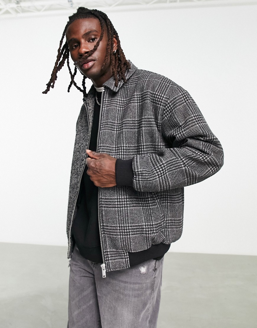 Asos Design Oversized Cut & Sew Check Bomber Jacket In Gray