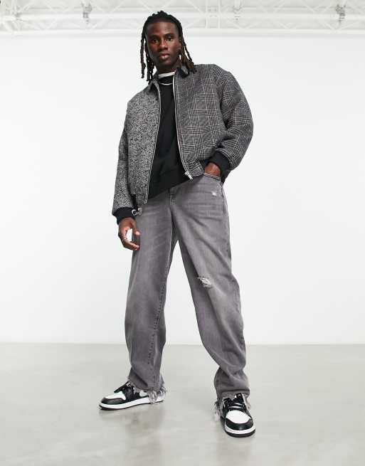 ASOS DESIGN oversized cut & sew check bomber jacket in grey ASOS