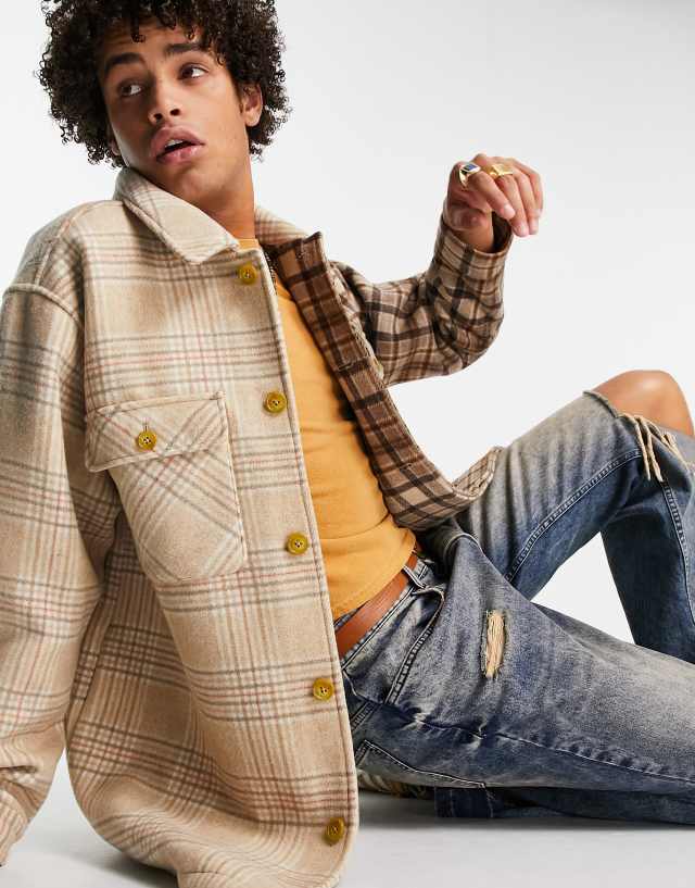 ASOS DESIGN oversized cut & sew check wool mix shacket in beige