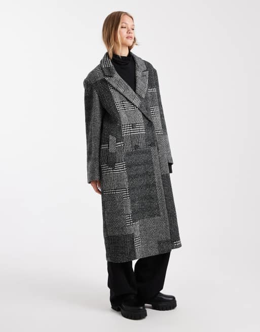 ASOS DESIGN oversized dad coat in black and white spliced check