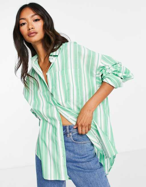 ASOS DESIGN oversized dad shirt in apple green stripe