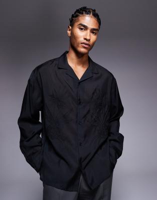 Asos Design Oversized Deep Camp Collar Shirt With Tonal Placement Embroidery In Black