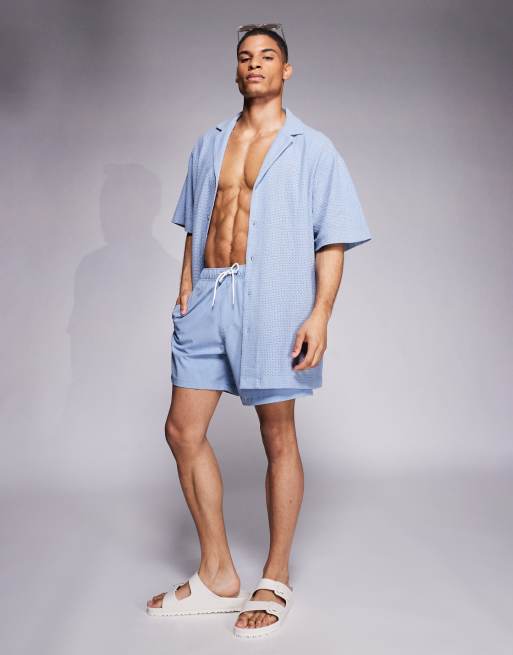 ASOS DESIGN oversized deep camp collar textured long length shirt in blue