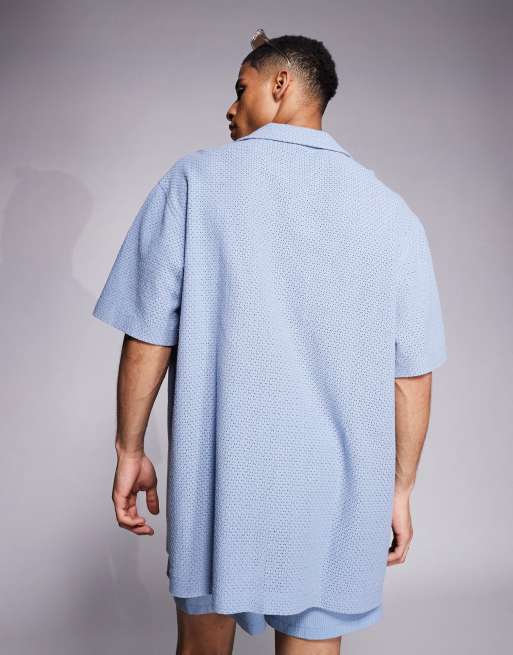 ASOS DESIGN oversized deep camp collar textured long length shirt in blue