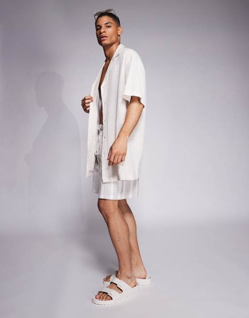 ASOS DESIGN oversized deep camp collar textured long length shirt in off white