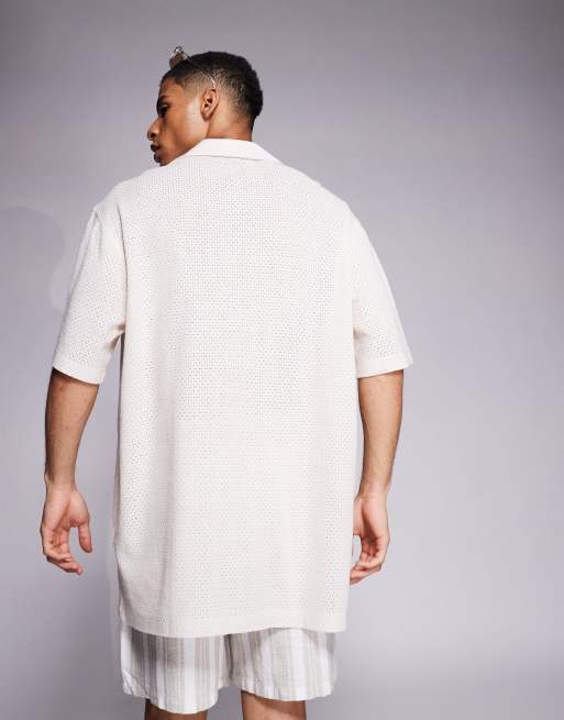 ASOS DESIGN oversized deep camp collar textured long length shirt in off white