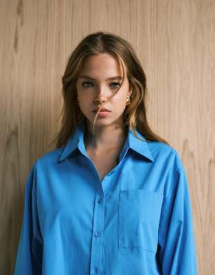 Asos Design Oversized Deep Cuff Shirt In Blue