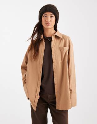 Asos Design Oversized Deep Cuff Shirt In Brown