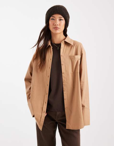 ASOS DESIGN oversized deep cuff shirt in camel - view 1