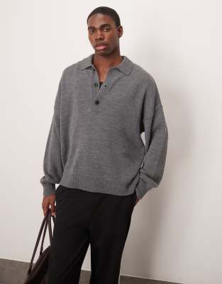 Asos Design Oversized Deep Notch Knitted Polo In Gray