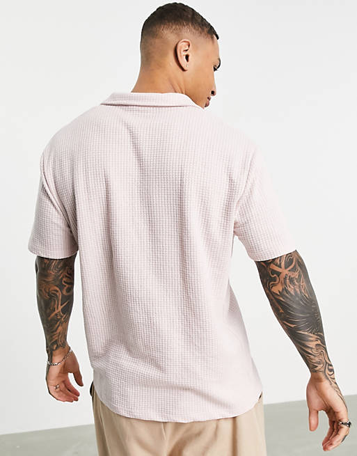Men oversized deep v polo in lightweight waffle fabric in lilac 