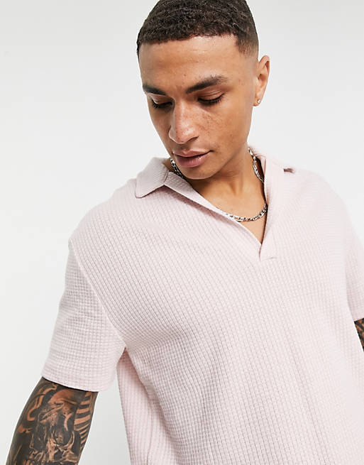 Men oversized deep v polo in lightweight waffle fabric in lilac 