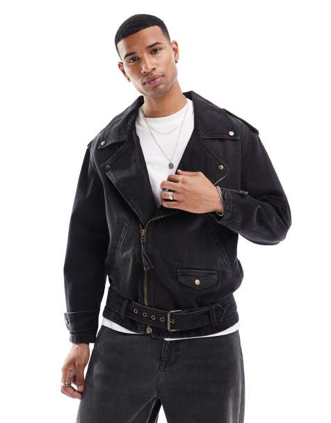 Real Leather Men's Cross-Zip Biker Jacket, Fleece Lined-Tan: Buy