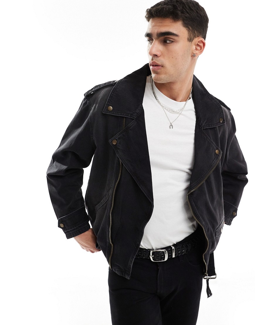 ASOS DESIGN oversized denim biker jacket in washed black