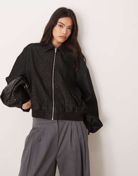 ASOS DESIGN oversized denim bomber jacket in black ecru - view 1