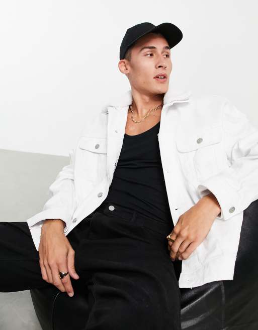 ASOS DESIGN - Oversized denim jack met afneembare borgkraag in wit