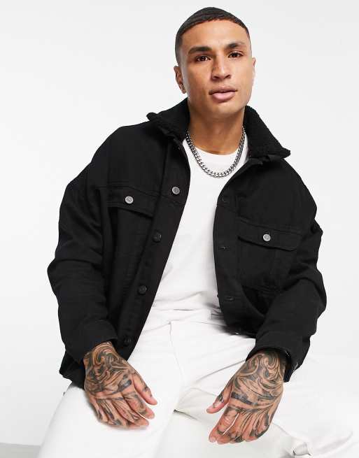 ASOS DESIGN - Oversized denim jack met afneembare borgkraag in zwart