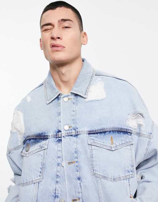 Plus Light Wash Distress Oversized Denim Jacket