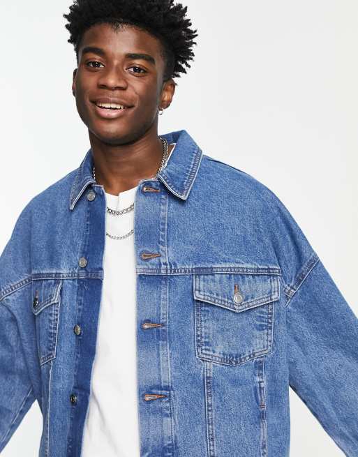 Asos Denim Jacket With Cut Off Sleeve In Mid Wash, $56