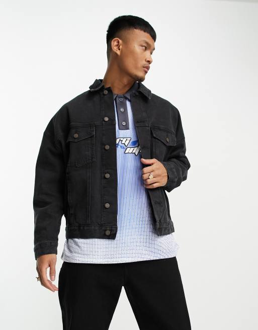 ASOS Denim Jacket With Patches & Fleece Collar In Blue Wash