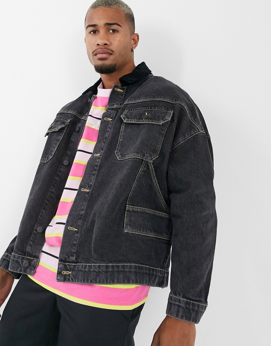 ASOS DESIGN oversized denim jacket with corduroy collar in washed black-Blue