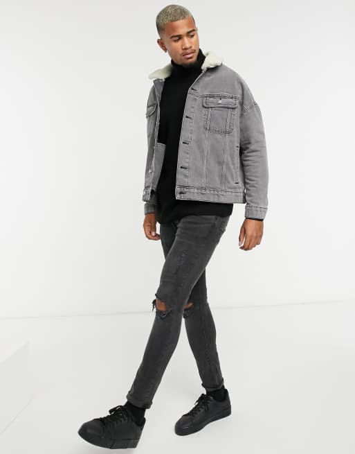 Grey denim jacket borg collar hotsell