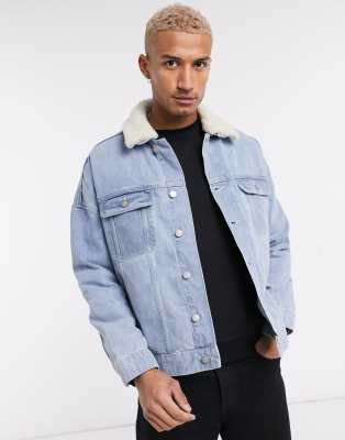 ASOS Denim Jacket With Patches & Borg Collar In Blue Wash