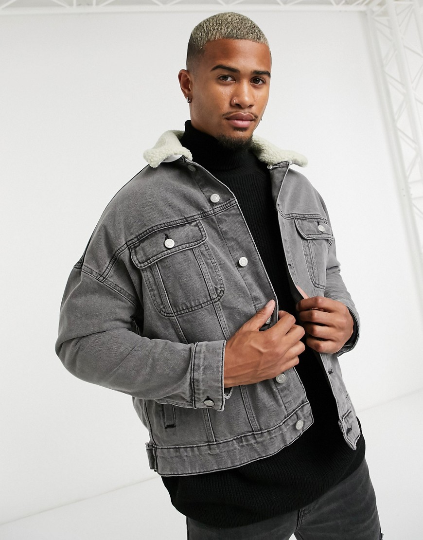 ASOS DESIGN oversized denim jacket with detachable teddy collar in gray