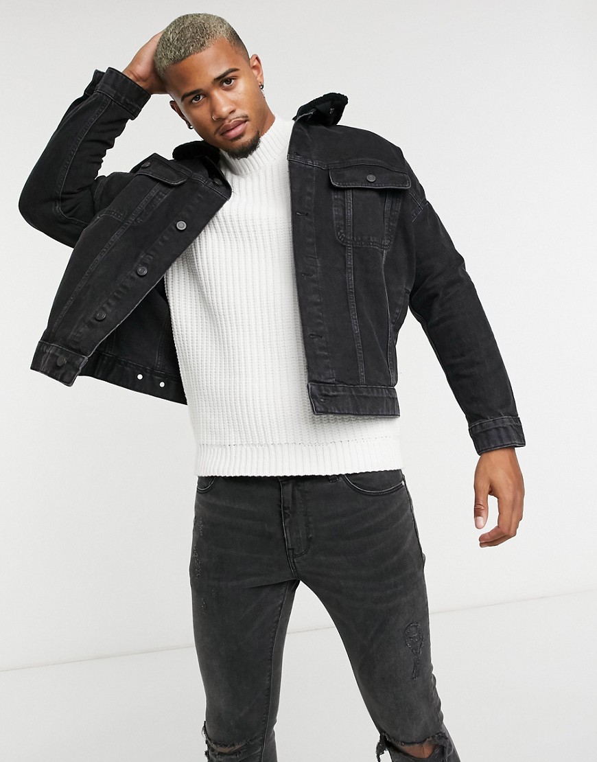 ASOS DESIGN oversized denim jacket with detachable teddy collar in washed black