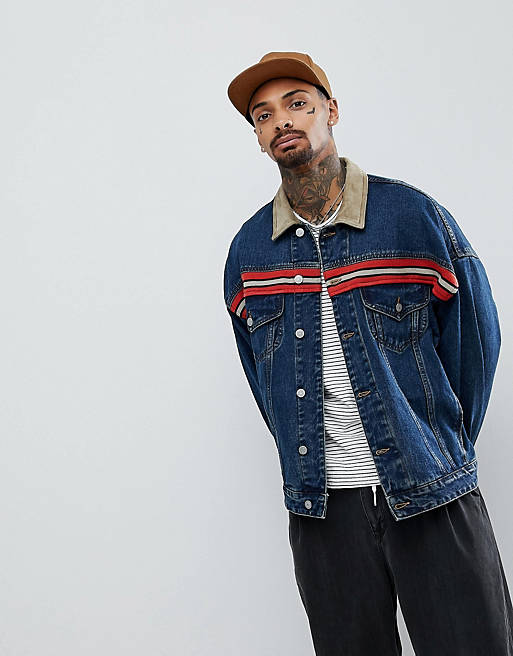 ASOS DESIGN oversized denim jacket with faux suede collar in blue wash
