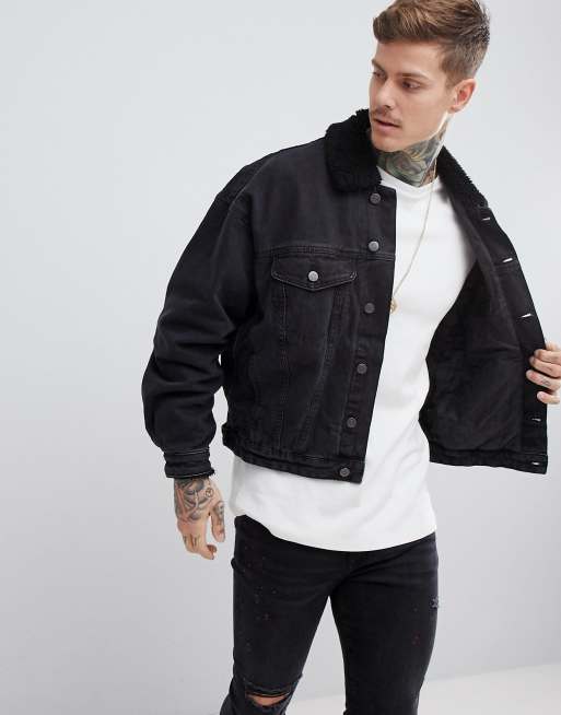 ASOS DESIGN oversized denim jacket with fleece collar in washed black ...