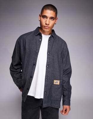 Asos Design Oversized Denim Look Shirt With Badge Detail In Black