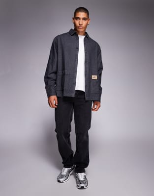 Asos Design Oversized Denim Look Shirt With Badge Detail In Black