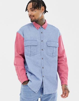 ASOS DESIGN - Oversized denim overhemd met contrasterend mouwen en kraag-Blauw